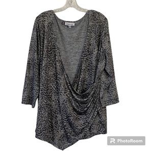 Jennifer Lopez Animal Print Shimmer Surplice Top size 2X 3/4 Sleeves Semi Sheer